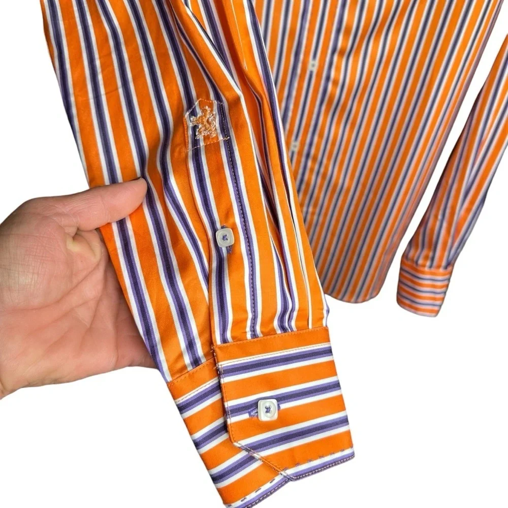 Bugatchi Orange Purple Striped Long Sleeve Button-Up Dress Shirt Sz M Modern Fit - Picture 11 of 15